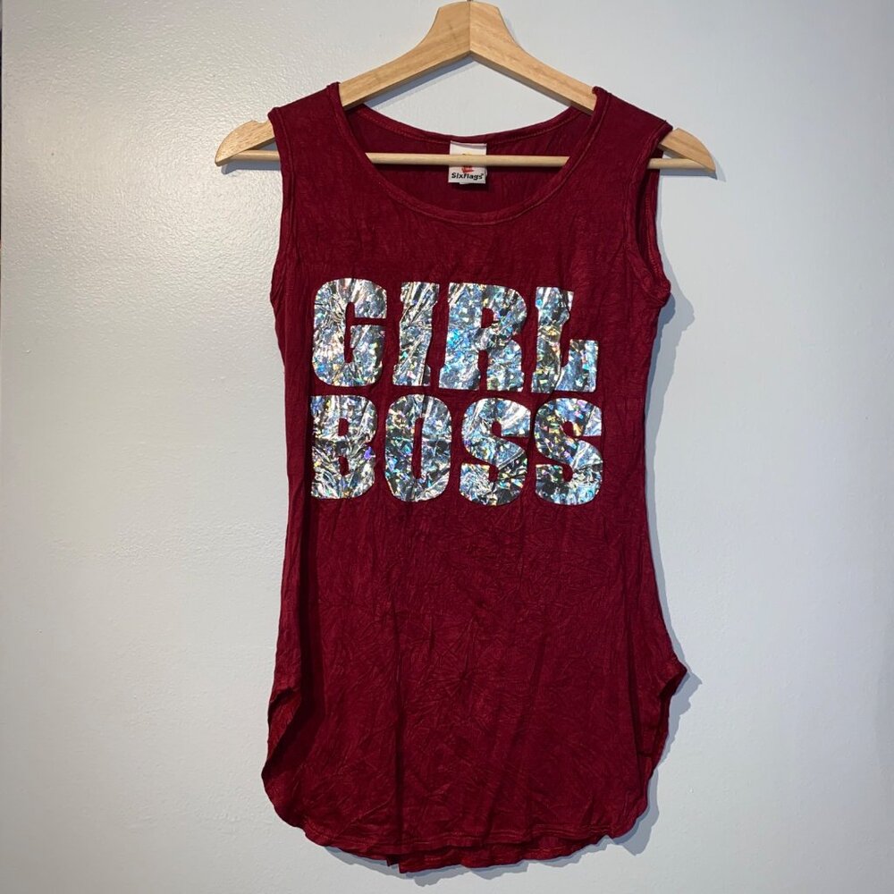Womens Girl Boss Tank Top Red Medium Rayon Six Flags Wine Iridescent Ladies